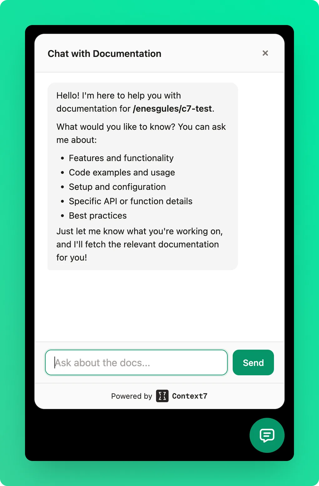 Chat widget panel showing AI-powered documentation assistant